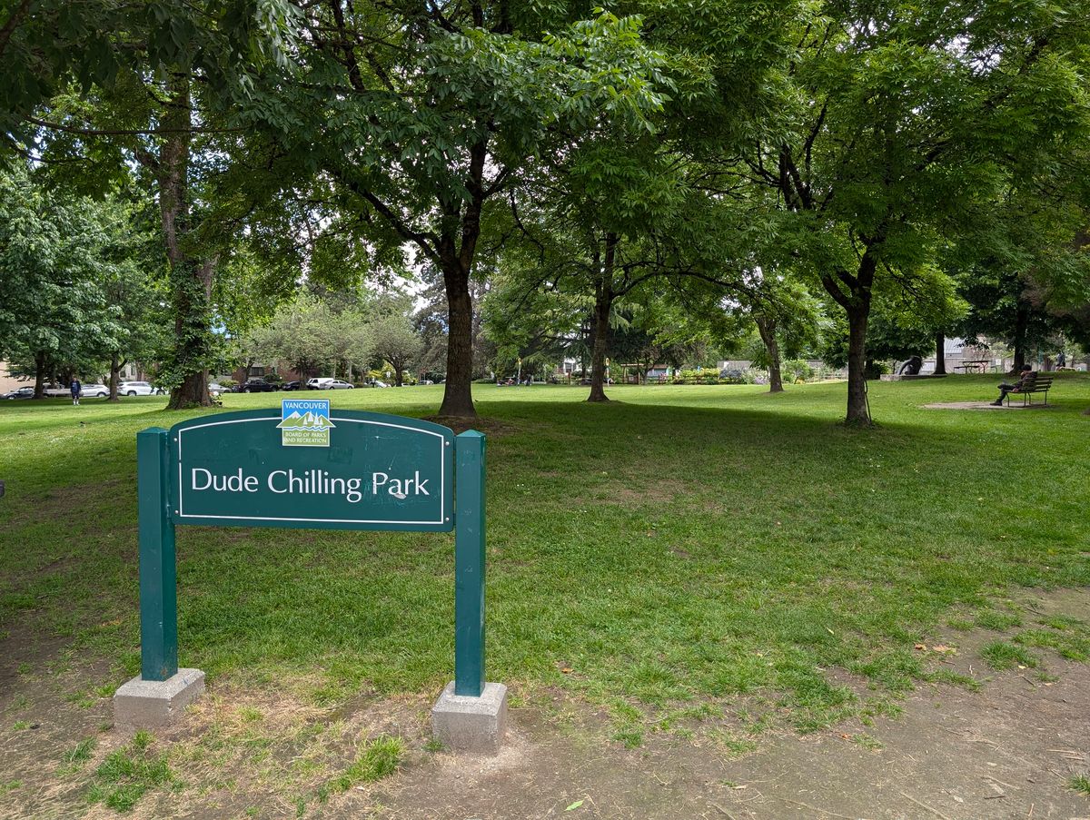 Dude Chilling Park sign in front of a grassy park shaded by trees